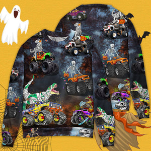 Halloween Skeleton Jurassic Park Dinosaur Driving Monster Truck - Sweater