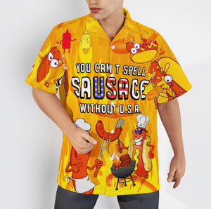 You Cant Spell Sausage Without Usa Orange And Yellow Hawaiian Shirt