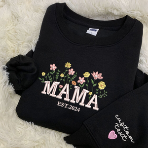 Custom Mama Flower Heart With Kid On Chest And Sleeve - Gift For Mom, Grandmother - Embroidered Sweatshirt
