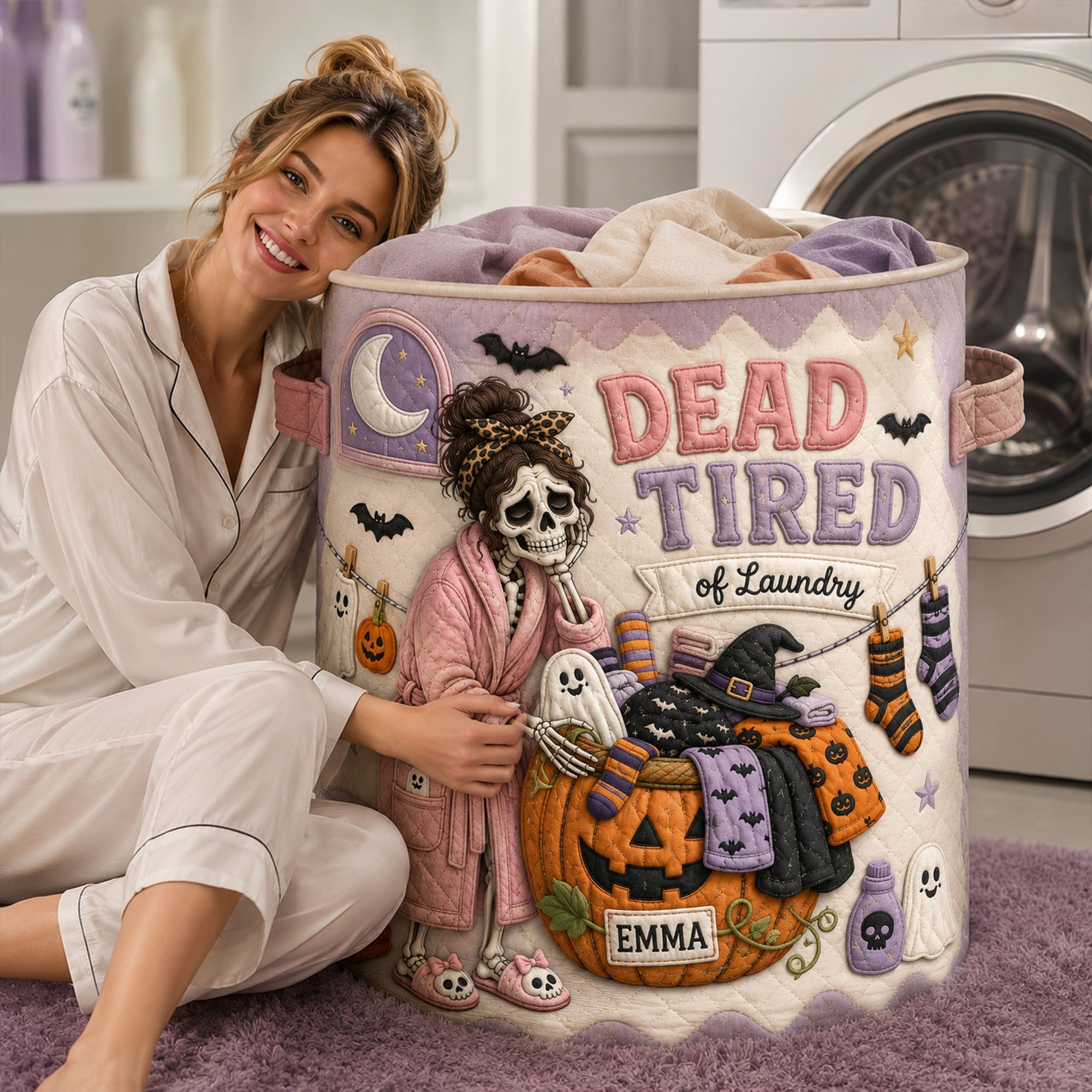 LA02. Dead Tired Of Laundry Funny Halloween Gift For Mom  - Personalized Quilt Laundry Basket