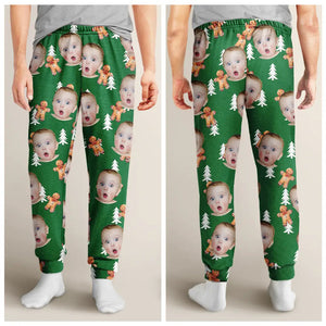 Custom Photo Human Pets Face Gingerbread Pattern - Gift For Family Members, Friends - Personalized Pajama Pants - NA94