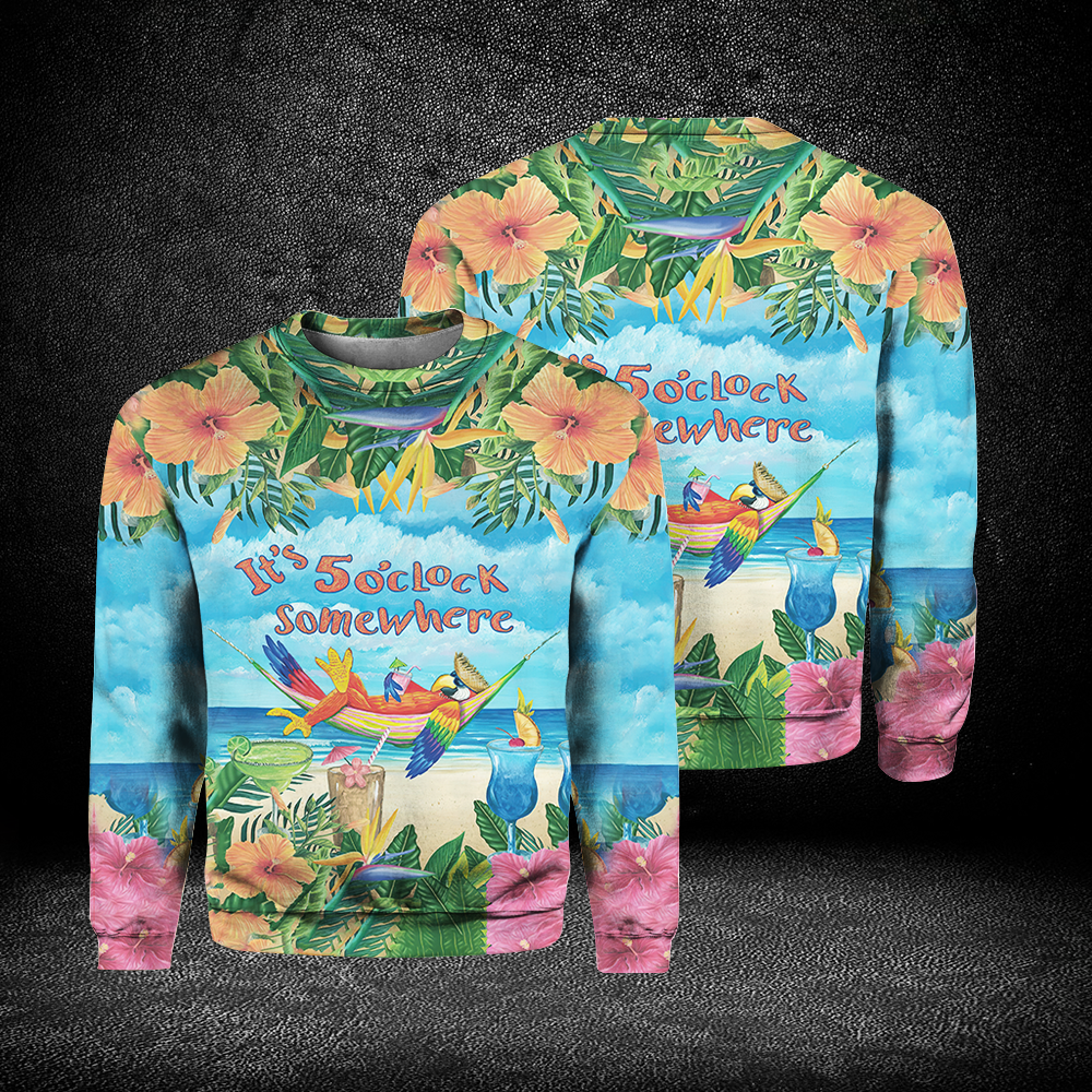 Parrot It'S 5 O'Clock Somewhere Tropical Hibiscus Flower Sweater