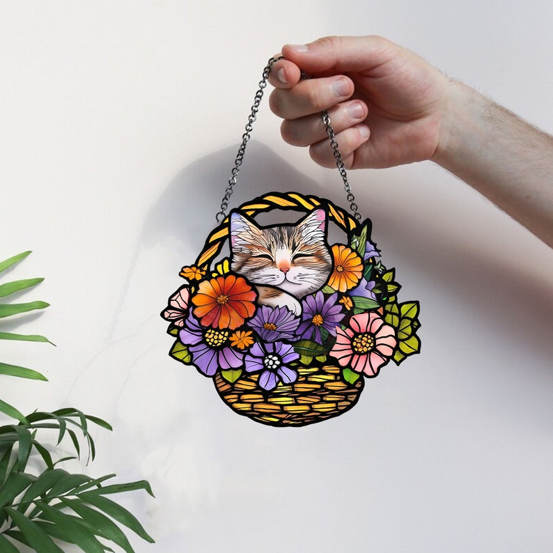Cat Chill In The Flower Basket - Gift For Cat Lovers - Window Hanging Suncatcher Ornament