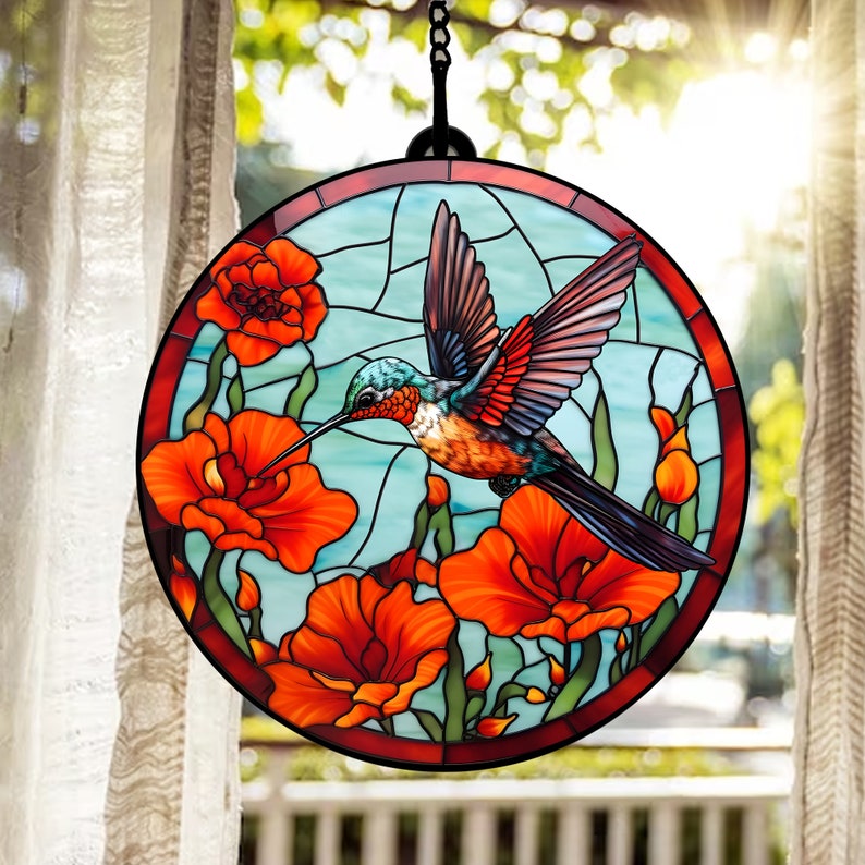 Humming Bird With Puppy Flowers - Gift For Friends, Family Members - Window Hanging Suncatcher Ornament