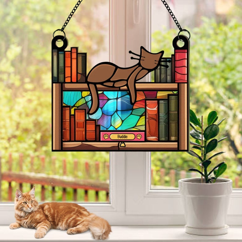 Cat Sleeping In The Bookshelf - Gift For Cat Lovers - Personalized Window Hanging Suncatcher Ornament