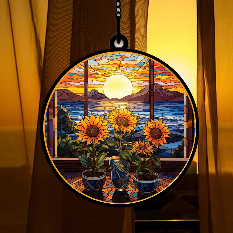 Sunrise In The Top Of Mountain And Sunflowers - Gift For Friends, Family Members - Window Hanging Suncatcher Ornament