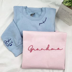 Custom Grandma With Kid Heart On Chest And Sleeve - Gift For Mom, Grandmother - Embroidered Sweatshirt