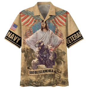 Navy Soldiers and Eagles God Bless America Veteran Hawaiian Shirt