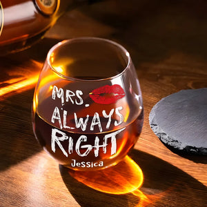 Mr And Mrs Right - Personalized Stemless Wine Glass - Gift For Couple, Husband Wife, Wedding, Engagement, Marriage Gift NA94