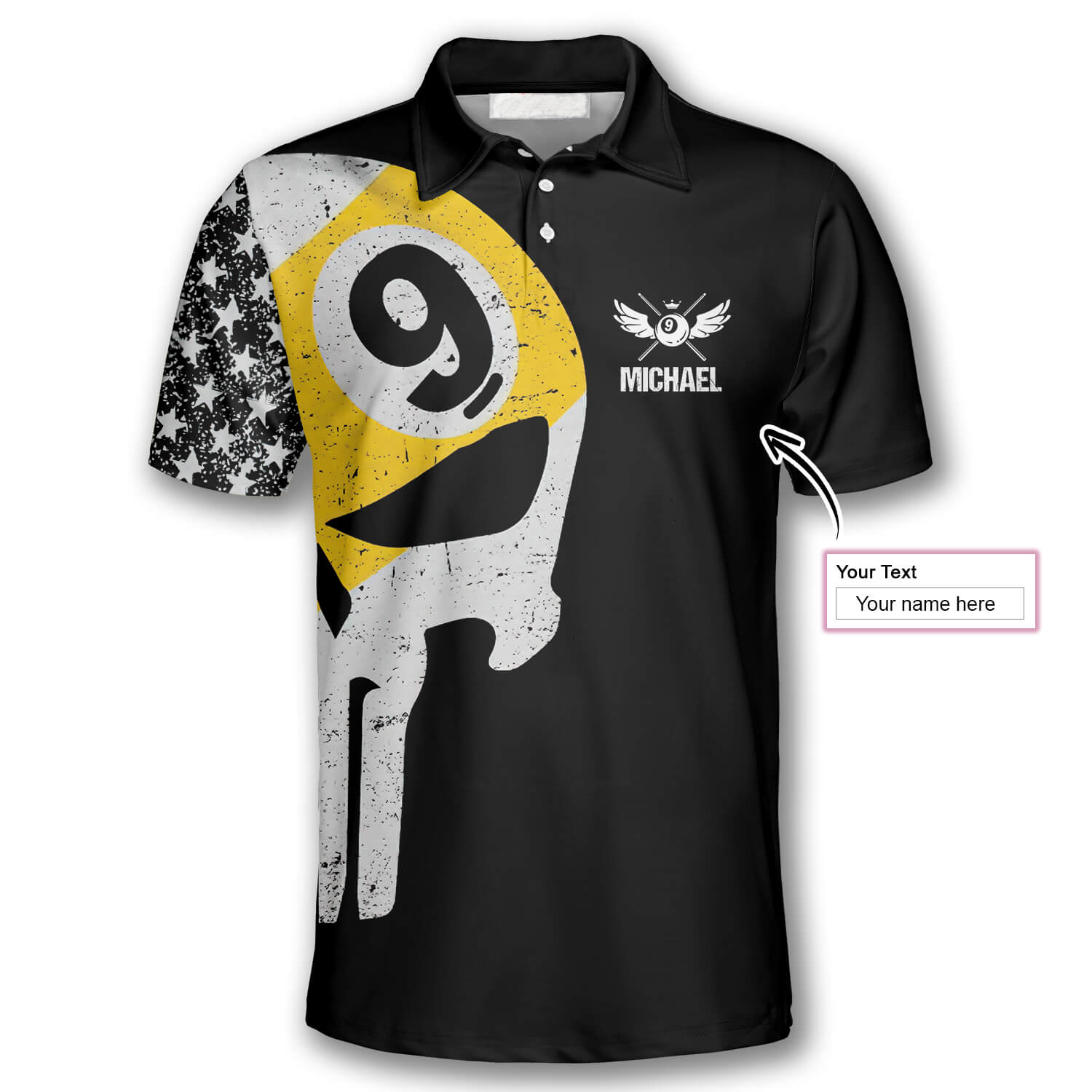 Personalized Billiard 9 Ball Skull American Flag Pattern Custom Billiard Polo Shirts For Men