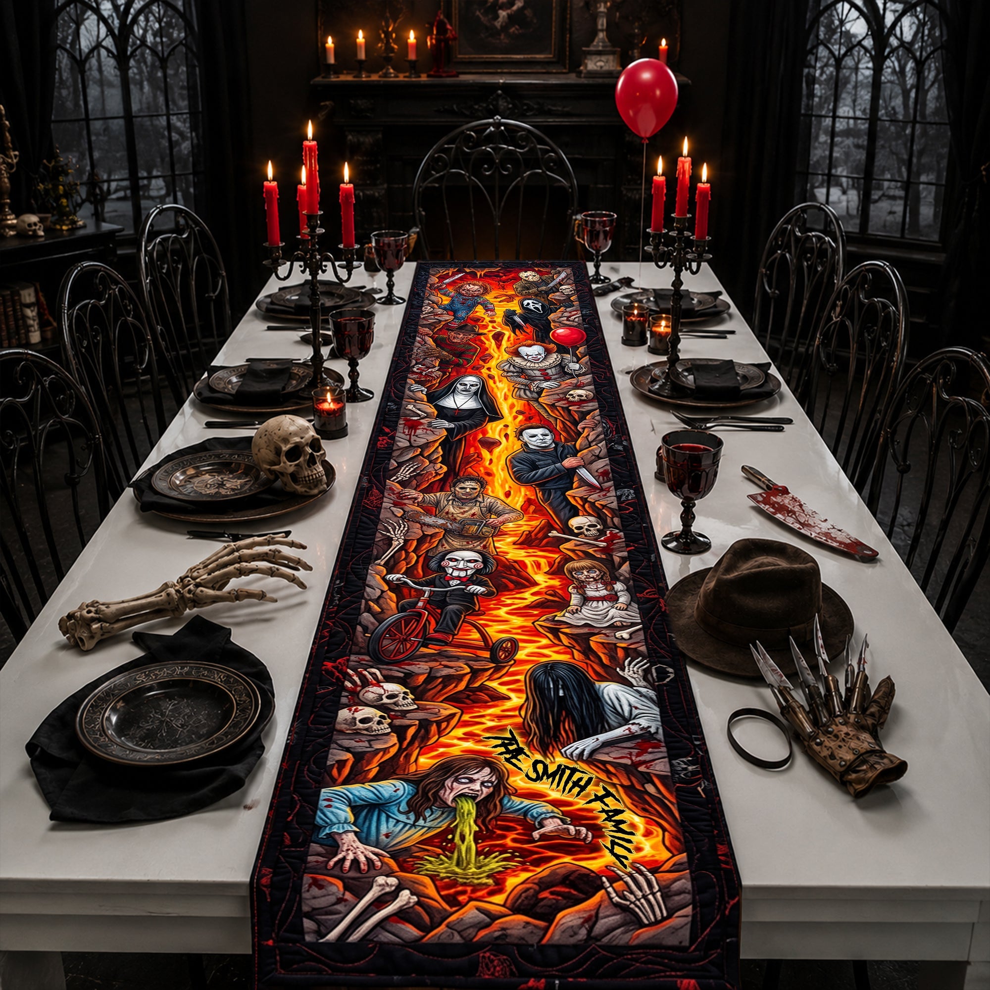 Creepy Horror Halloween Dining Table Decor, Spooky Party - Personalized Quilted Table Runner LA02