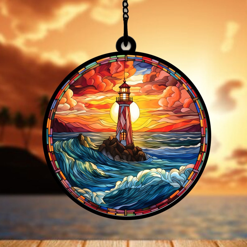 Ocean Wave Sunset Lighthouse - Gift For Friends, Family Members - Window Hanging Suncatcher Ornament