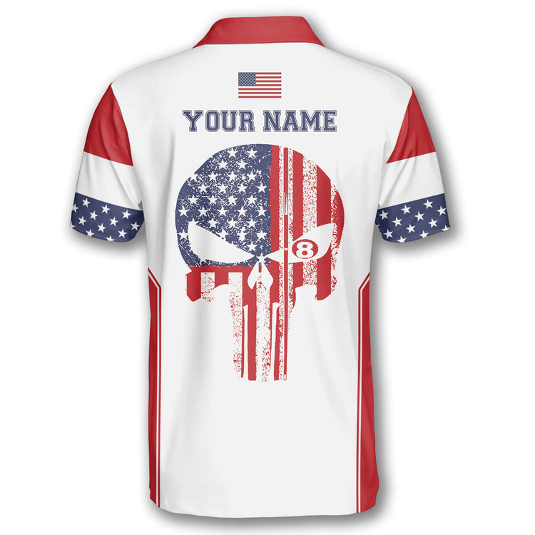 Personalized Billiard Patriotic Skull Flag White Custom Billiard Shirts For Men
