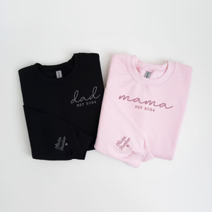 Custom Mama With Dad Est On Chest And Sleeve - Gift For Mother, Father - Embroidered Sweatshirt