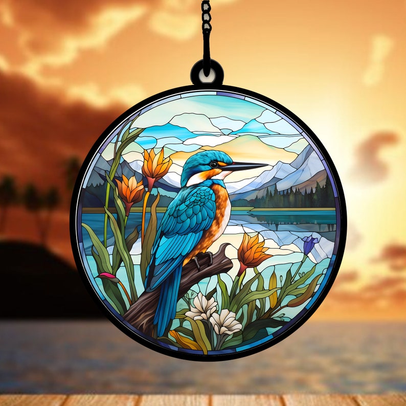 Kingfisher Kingfisher Bird With Flowers - Gift For Friends, Family Members - Window Hanging Suncatcher Ornament