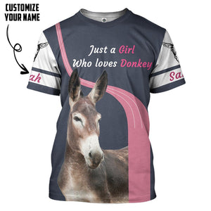 Personalized Girl Loves Donkey T-Shirt 3D For Men & Women