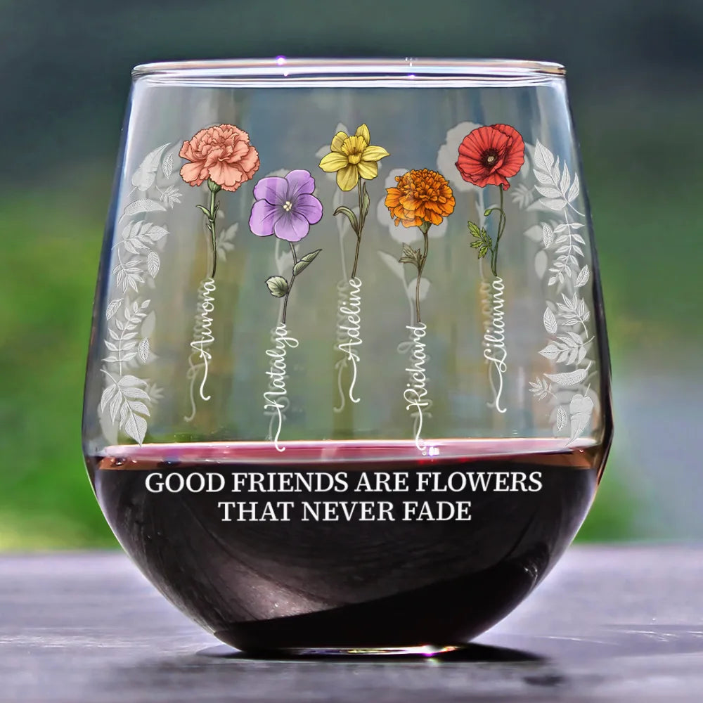 Custom Photo Birth Flower Grow An Old Friend Bestie  - Personalized Stemless Wine Glass - Gift For Besties, Friends, Sisters - CL47 NA94