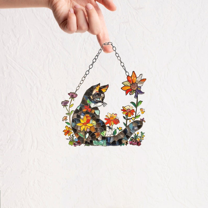 Cute Cat Playing On The Grass With Flowers - Gift For Pet Lovers - Window Hanging Suncatcher Ornament