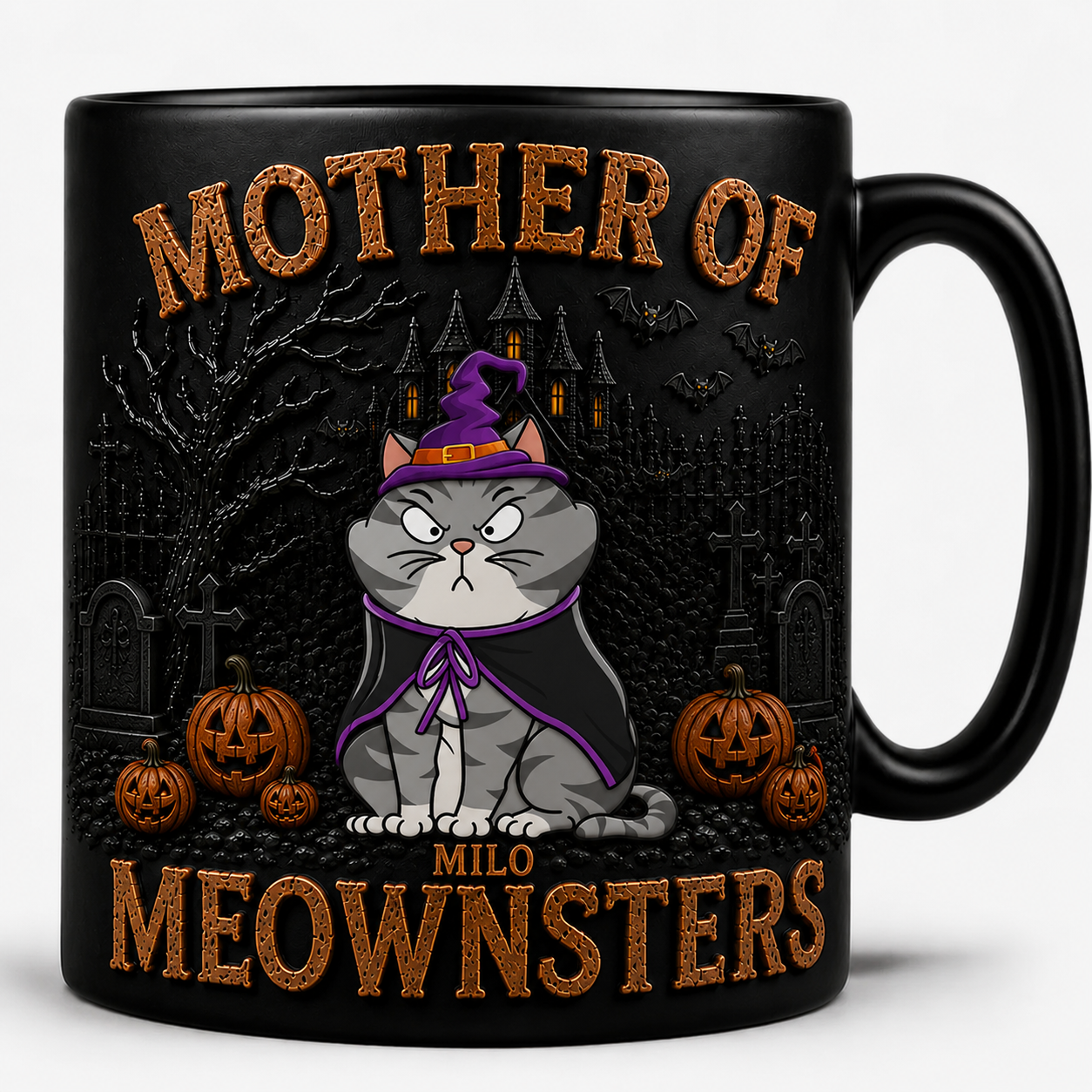 Mother of Meownsters Halloween - Personalized Black Ceramic Mug - Gifts For Her, Cat Mom