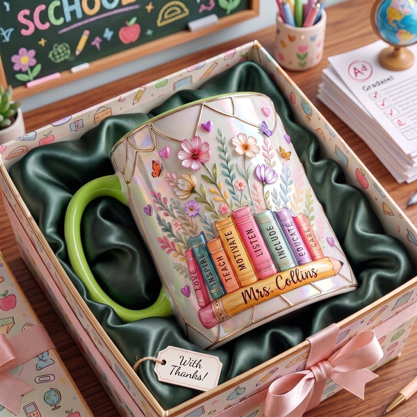 Floral Books Teacher Appreciation - Personalized Accent Mug - Gift For Teacher LA02