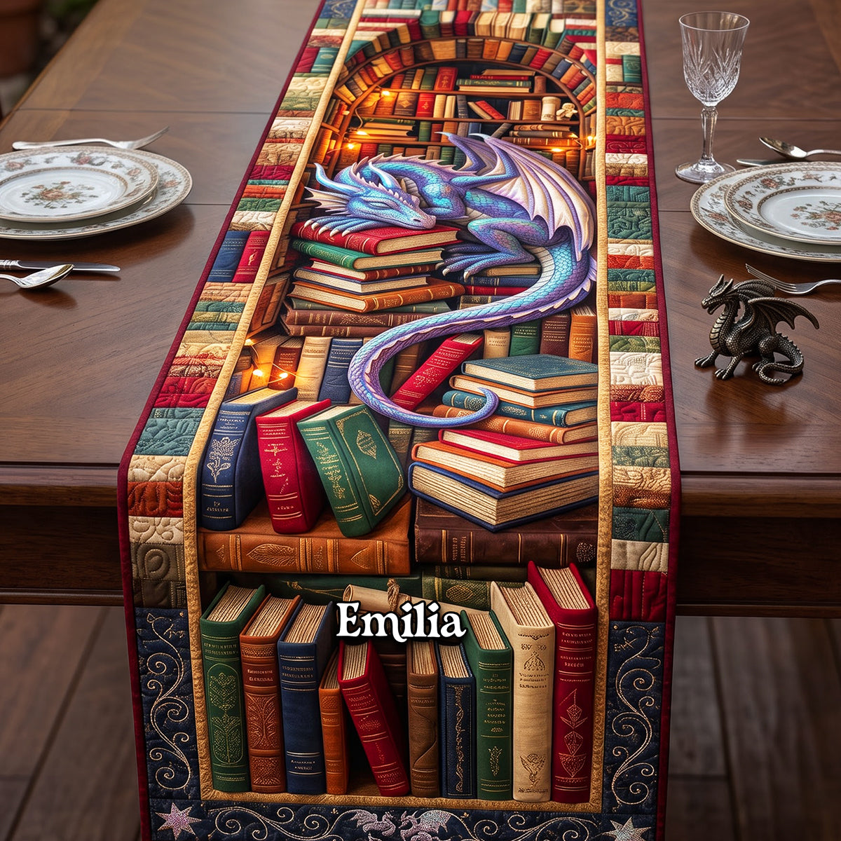 Fantasy Dragon Library Decor, Custom Name Gift For Book Lover - Personalized Quilt Table Runner LA02