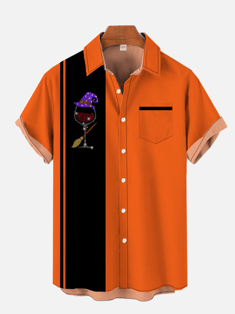 Halloween Element Black And Orange Stitching Witch Goblet Hawaiian Shirt