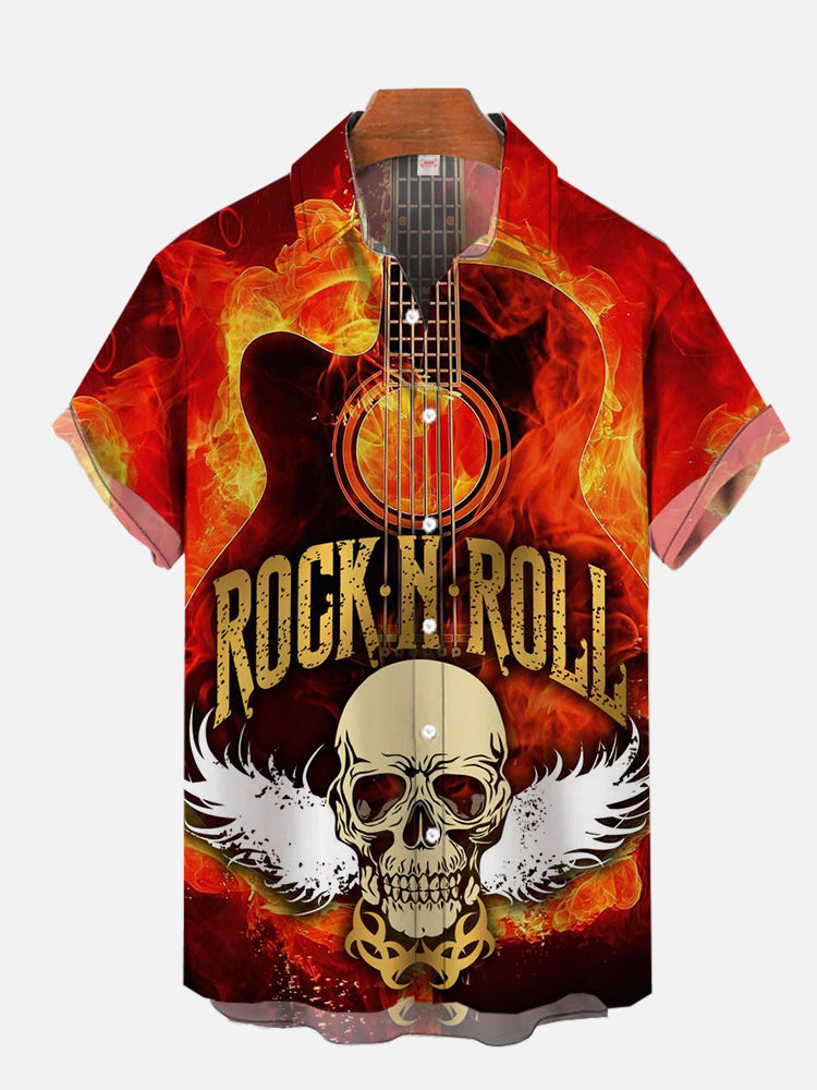 Intense Rock N Roll Flame Guitar And Skull With Wings Hawaiian Shirt
