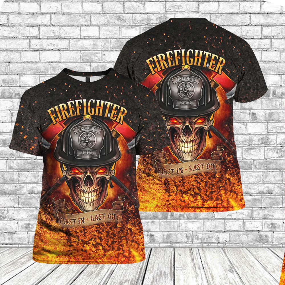 Firefighter Crazy Skull First In Last Out All Over Print T-Shirts For Men & Women