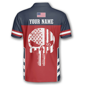 Personalized 9 Ball Skull Flag Navy Red Custom Billiard Polo Shirts, Flag Shirt, Billiard Shirt
