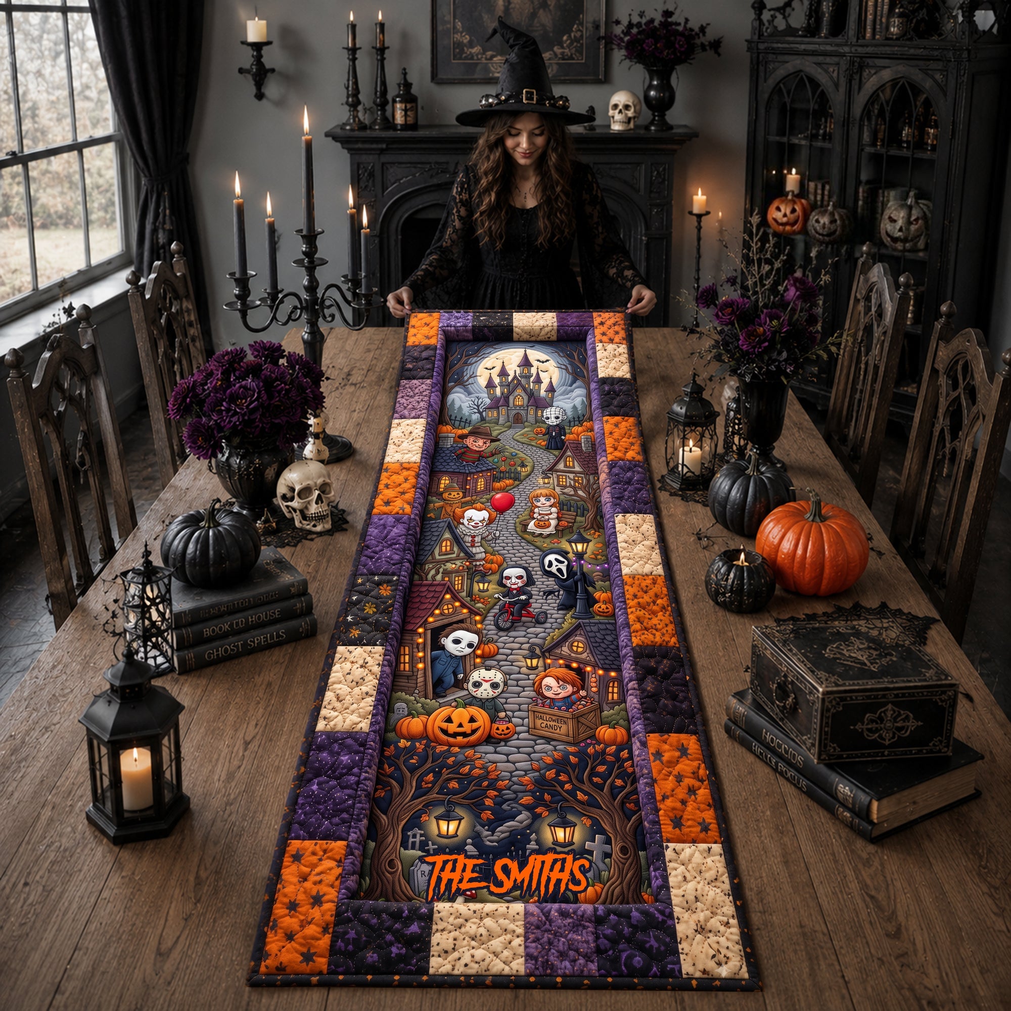 VD01. Halloween Horror Characters Fall Season Gift For Horror Fans - Personalized Quilt Table Runner