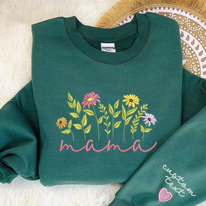 Custom Mama With Kid Colorful Flower On Chest And Sleeve - Gift For Mom, Grandmother - Embroidered Sweatshirt