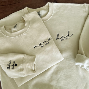 Custom Text Mama and Dad - Embroidered Sweatshirt, Hoodie, Tshirt - Best Gift for Mother, Father