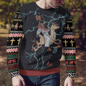 Jesus Riding Reindeer Black Ugly Christmas Sweater