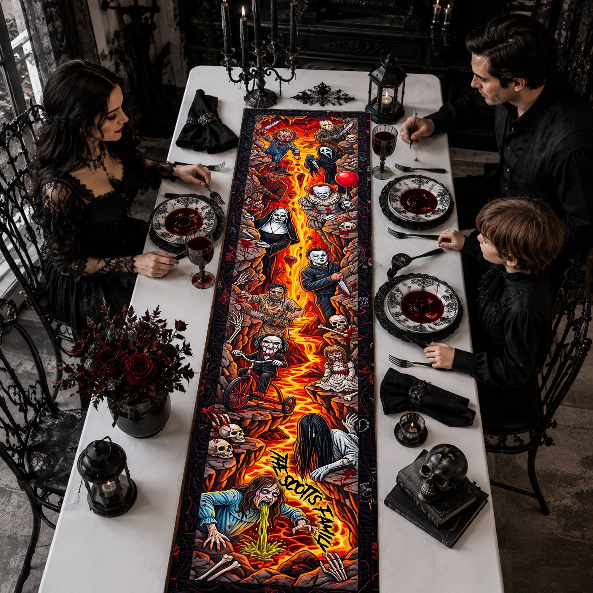 Creepy Horror Halloween Dining Table Decor, Spooky Party - Personalized Quilted Table Runner LA02
