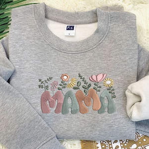 Custom Mama With Flower On Chest And Sleeve - Gift For Mom, Grandmother - Embroidered Sweatshirt
