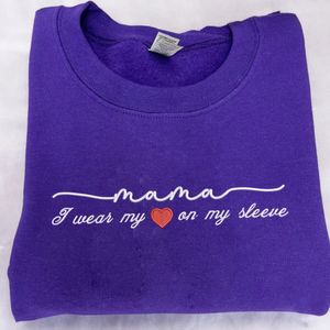 Custom Mama With Kid I Wear My Heart On Chest And Sleeve - Gift For Mom, Grandmother - Embroidered Sweatshirt