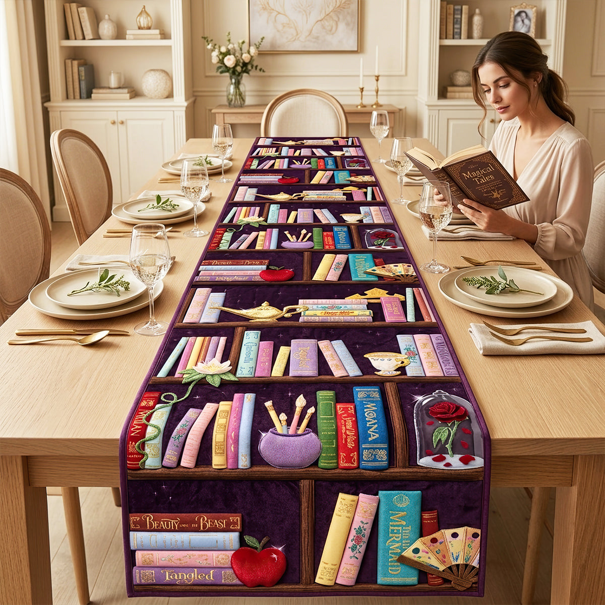 HN02. Magical Bookshelf Gifts For Book Lovers - Personalized Quilted Table Runner