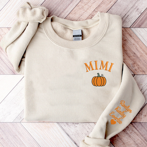 Custom Text Mimi Pumpkin With Grandkids - Embroidered Hoodie, Sweatshirt, Tshirt - Gift for Grandma