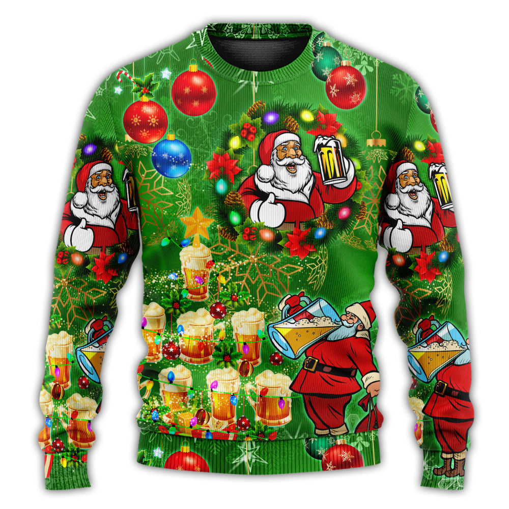 Santa Claus Drinking Beer Happy Christmas Tree Green Light Ugly Sweater