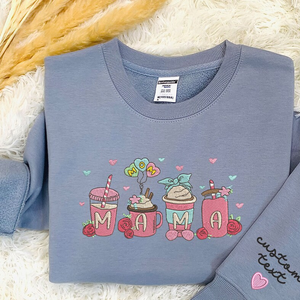 Custom Mama Drink Coffee On Chest And Sleeve - Gift For Mom, Grandmother - Embroidered Sweatshirt