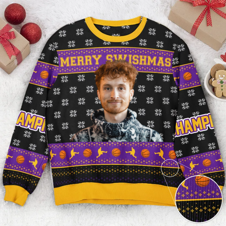 Custom Photo Merry Swishmas - Christmas Gift For Basketball Lovers - Personalized Ugly Sweater