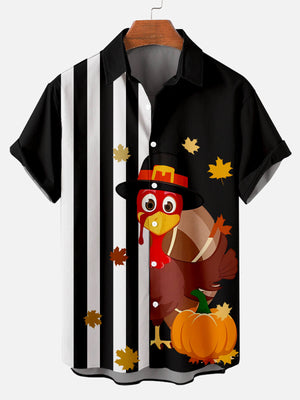 Thanksgiving Turkey Stripe Pattern Pumpkin Black Hawaiian Shirt