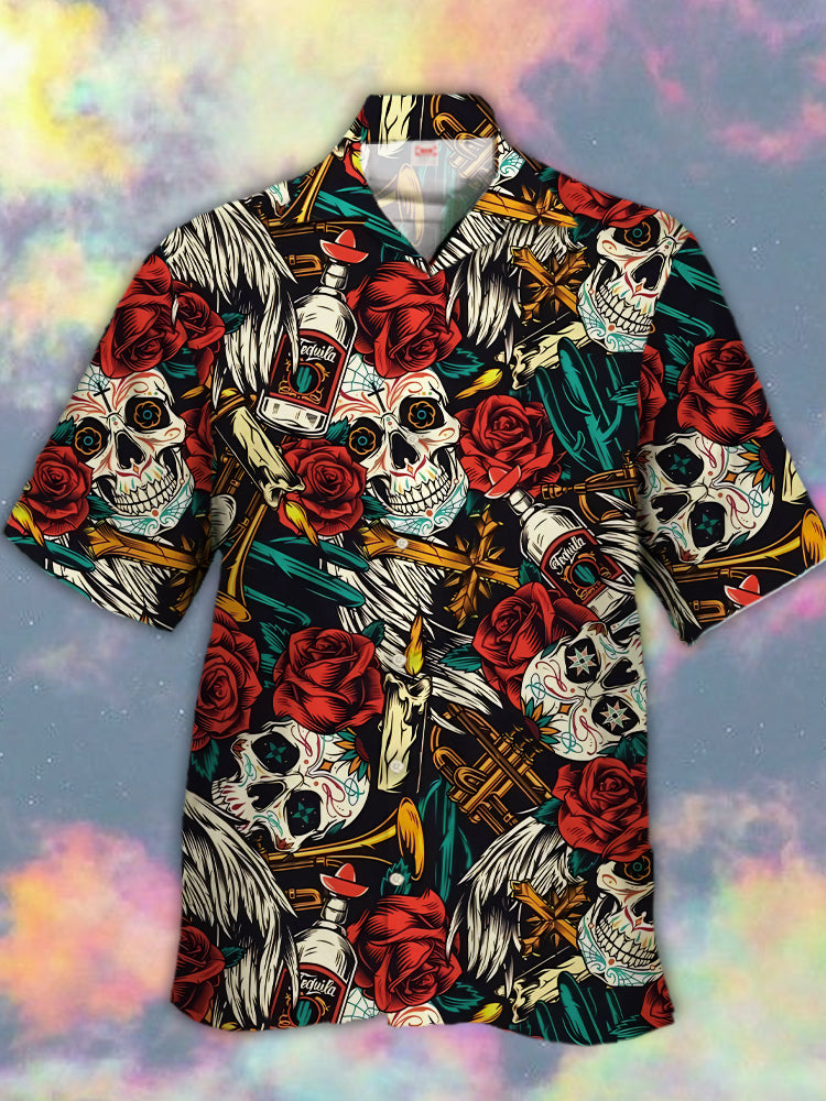 Amazing Style Psychedelic Hippie Tropical Skull And Roses Hawaiian Shirt