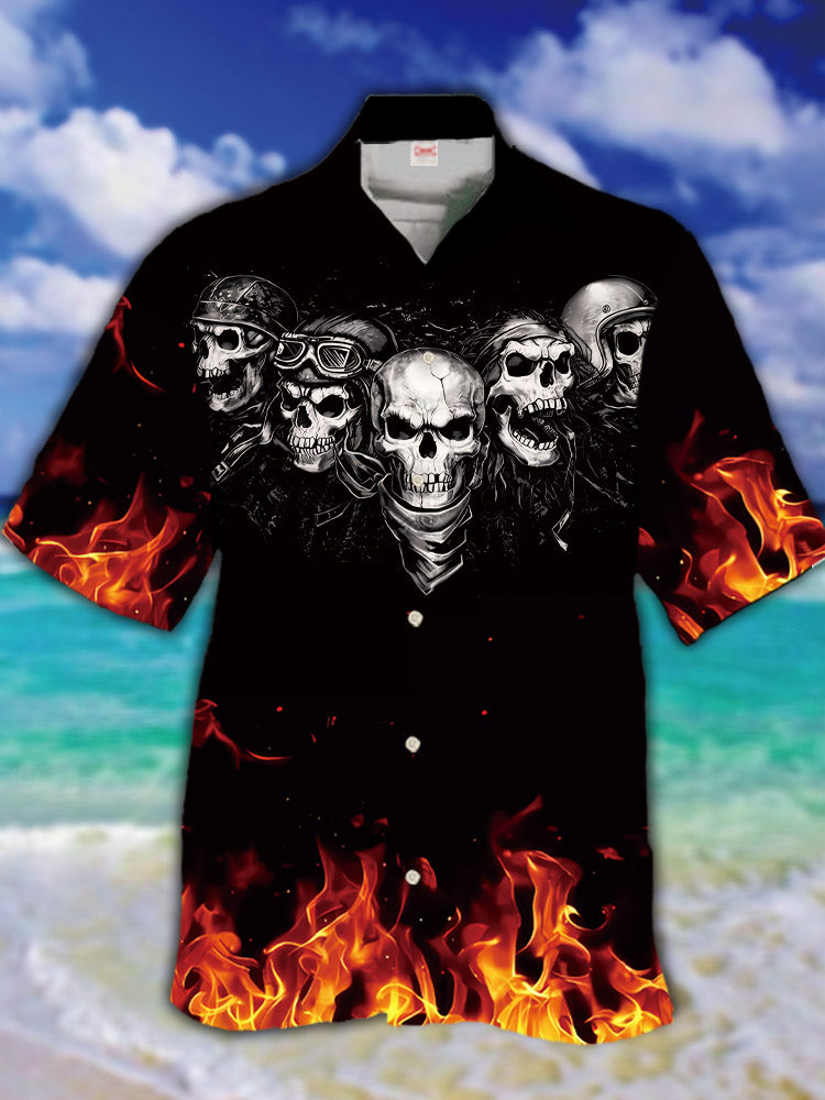 Black Awesome Skull With Fire Hawaiian Shirt