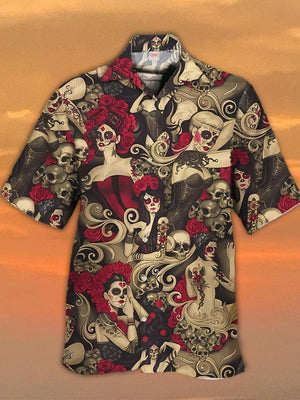 Vintage Day Of The Dead Pinups Sugar Skull Hawaiian Shirt