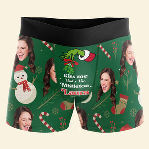 Custom Photo Kiss Me Under The Mistletoe  - Gift For Boyfriend, Husband, Anniversary - Funny Personalized Custom Boxer Briefs, Men's Boxers NH96