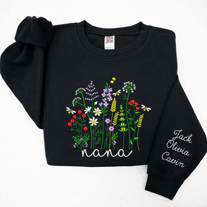 Custom Text Wildflower Nana With Grandkids - Embroidered Hoodie, Sweatshirt, Tshirt - Gift for Grandma