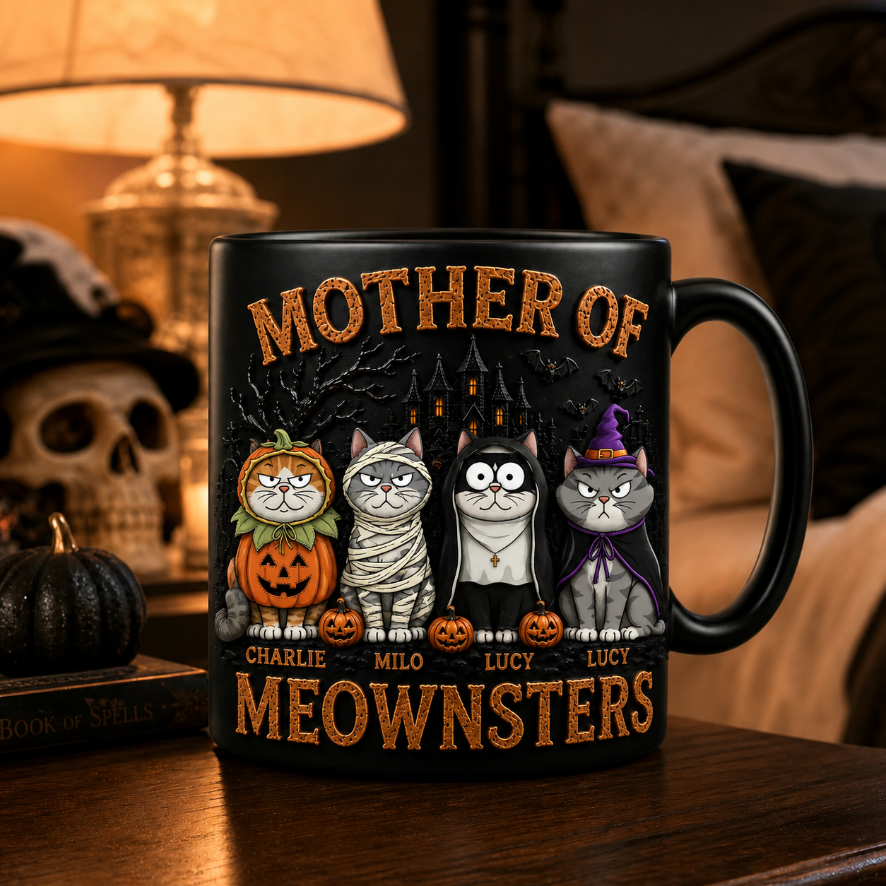 Mother of Meownsters Halloween - Personalized Black Ceramic Mug - Gifts For Her, Cat Mom