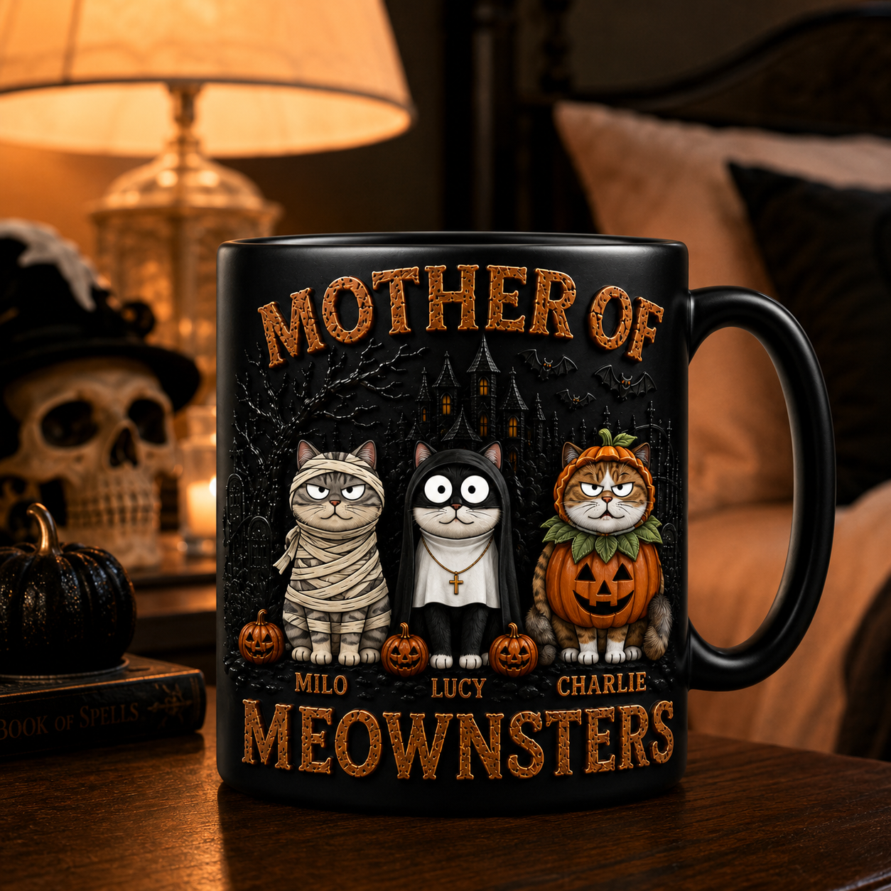 Mother of Meownsters Halloween - Personalized Black Ceramic Mug - Gifts For Her, Cat Mom