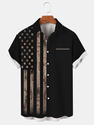 Mens American Flag Print Lapel Loose Short Sleeve Trendy Hawaiian Shirt